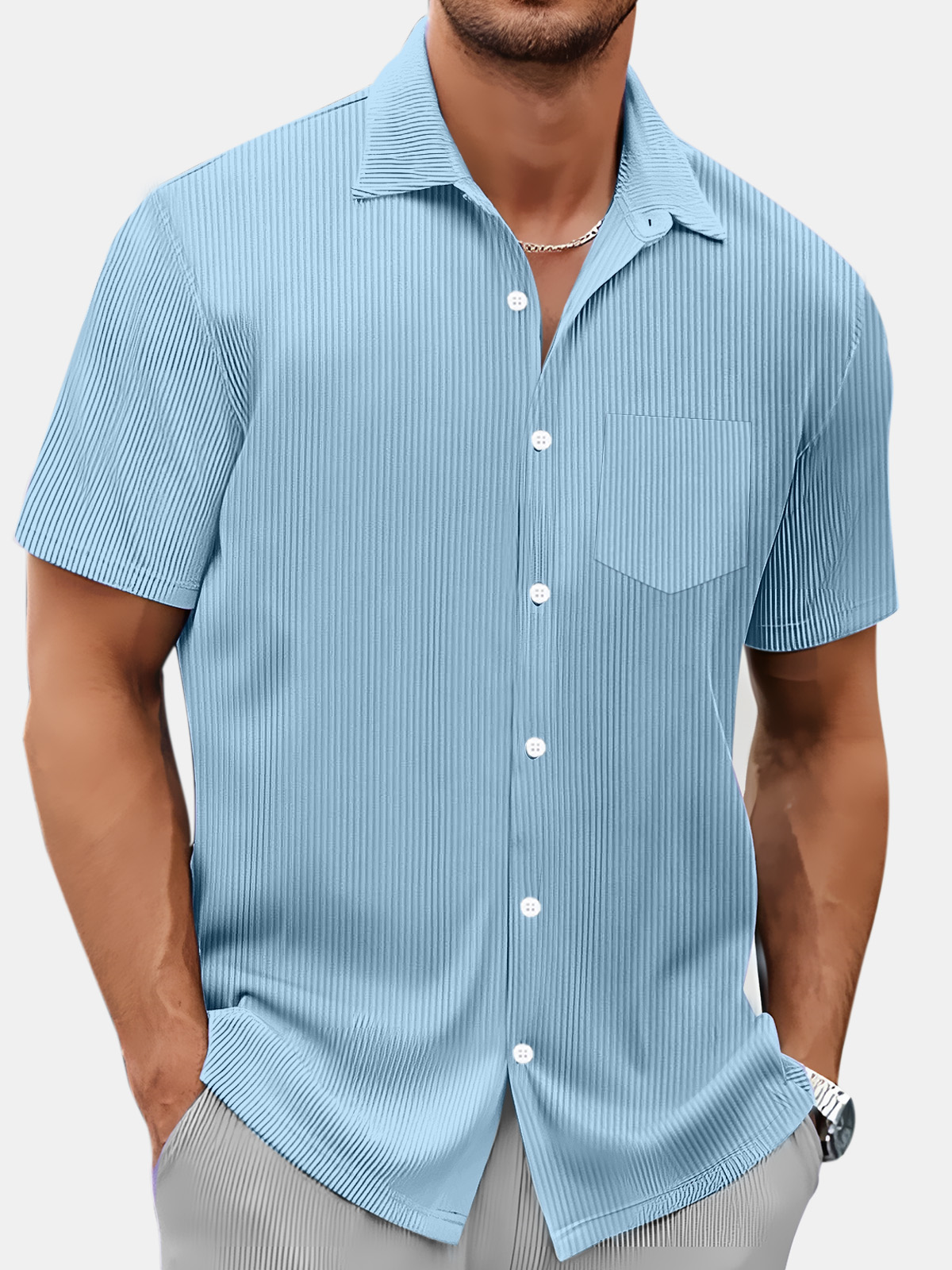 Men's Summer Simple Vertical Stripe Solid Color Comfortable Short-sleeved Shirt