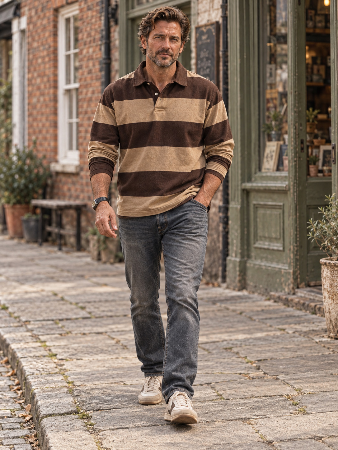 Men's Vintage Stripe Long Sleeve Polo Shirt