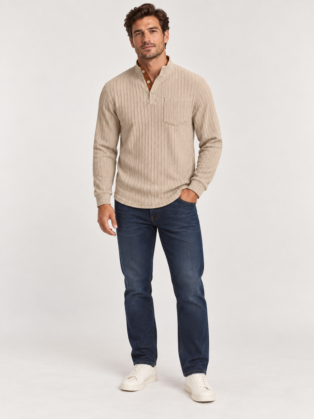 Men's American-Style Textured Jacquard Henley Top