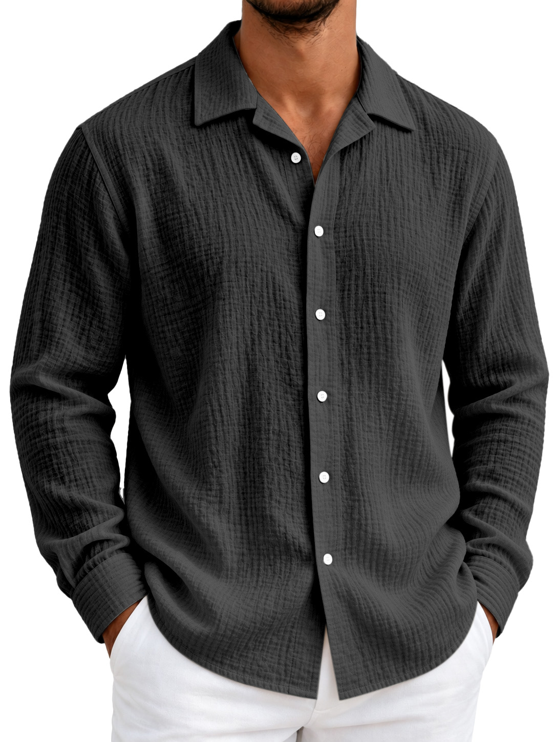 Men's Lightweight Textured Seersucker Long-Sleeve Shirt