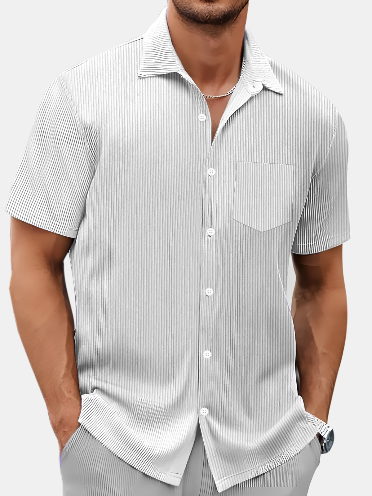 Men's Summer Simple Vertical Stripe Solid Color Comfortable Short-sleeved Shirt
