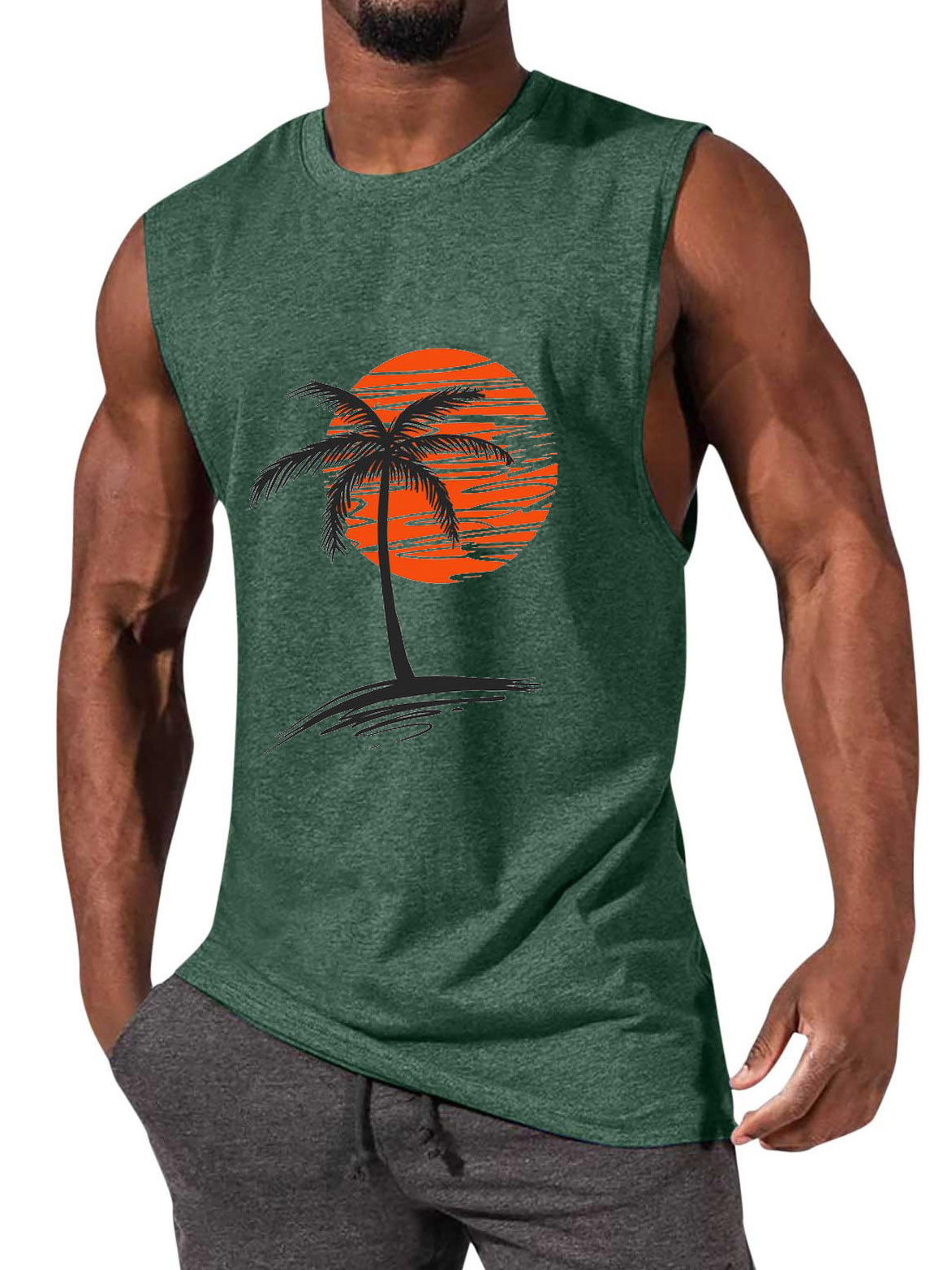Men's Comfortable Solid Color Hawaiian Coconut Sleeveless Print T-shirt