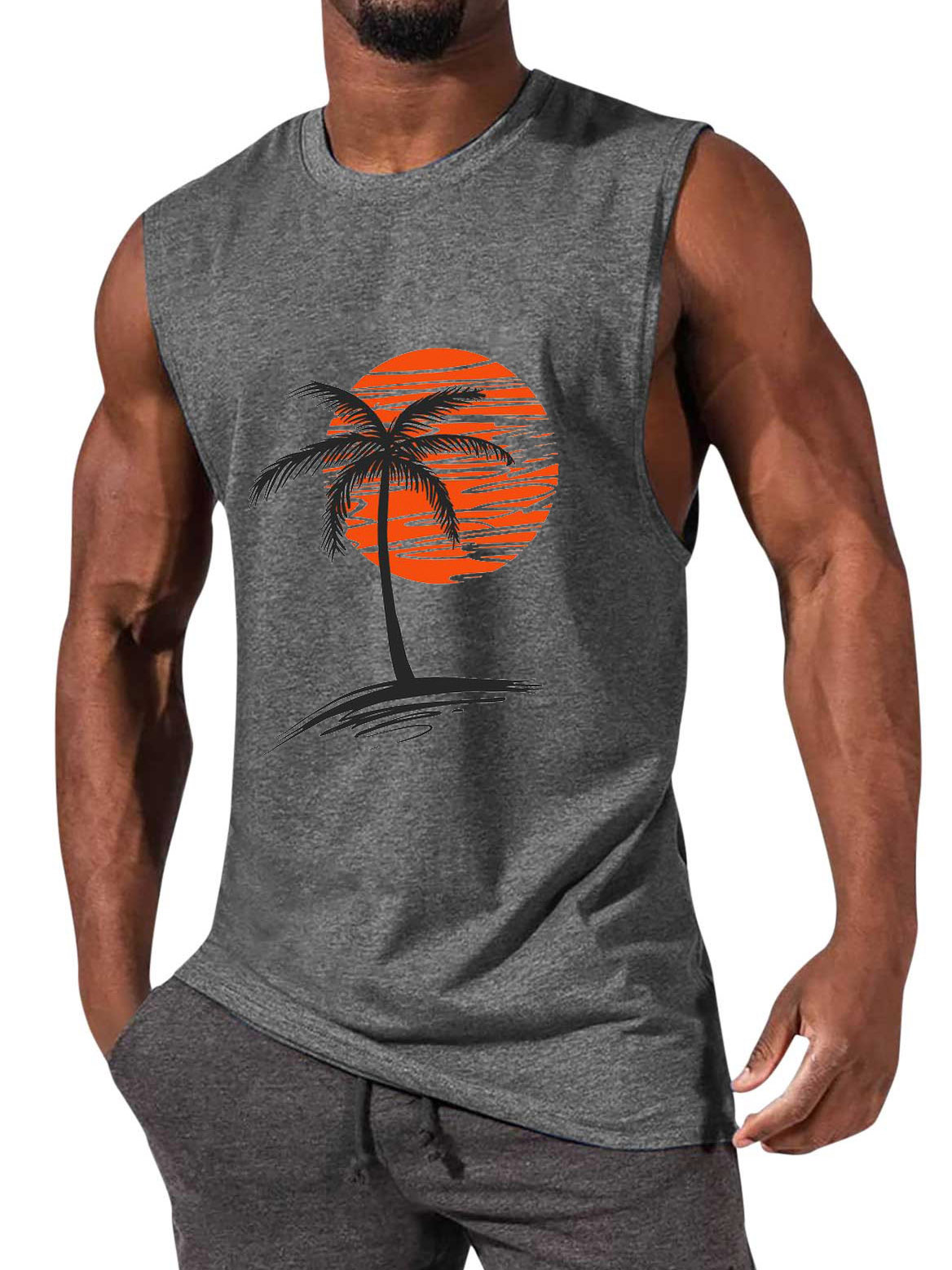 Men's Comfortable Solid Color Hawaiian Coconut Sleeveless Print T-shirt