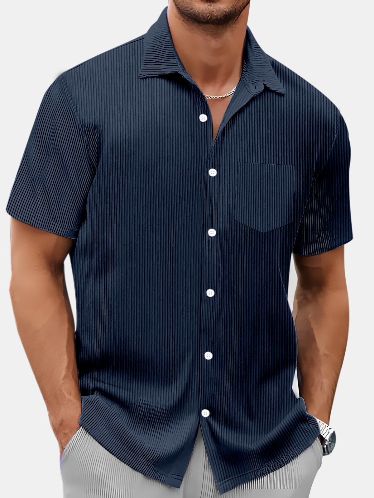 Men's Summer Simple Vertical Stripe Solid Color Comfortable Short-sleeved Shirt