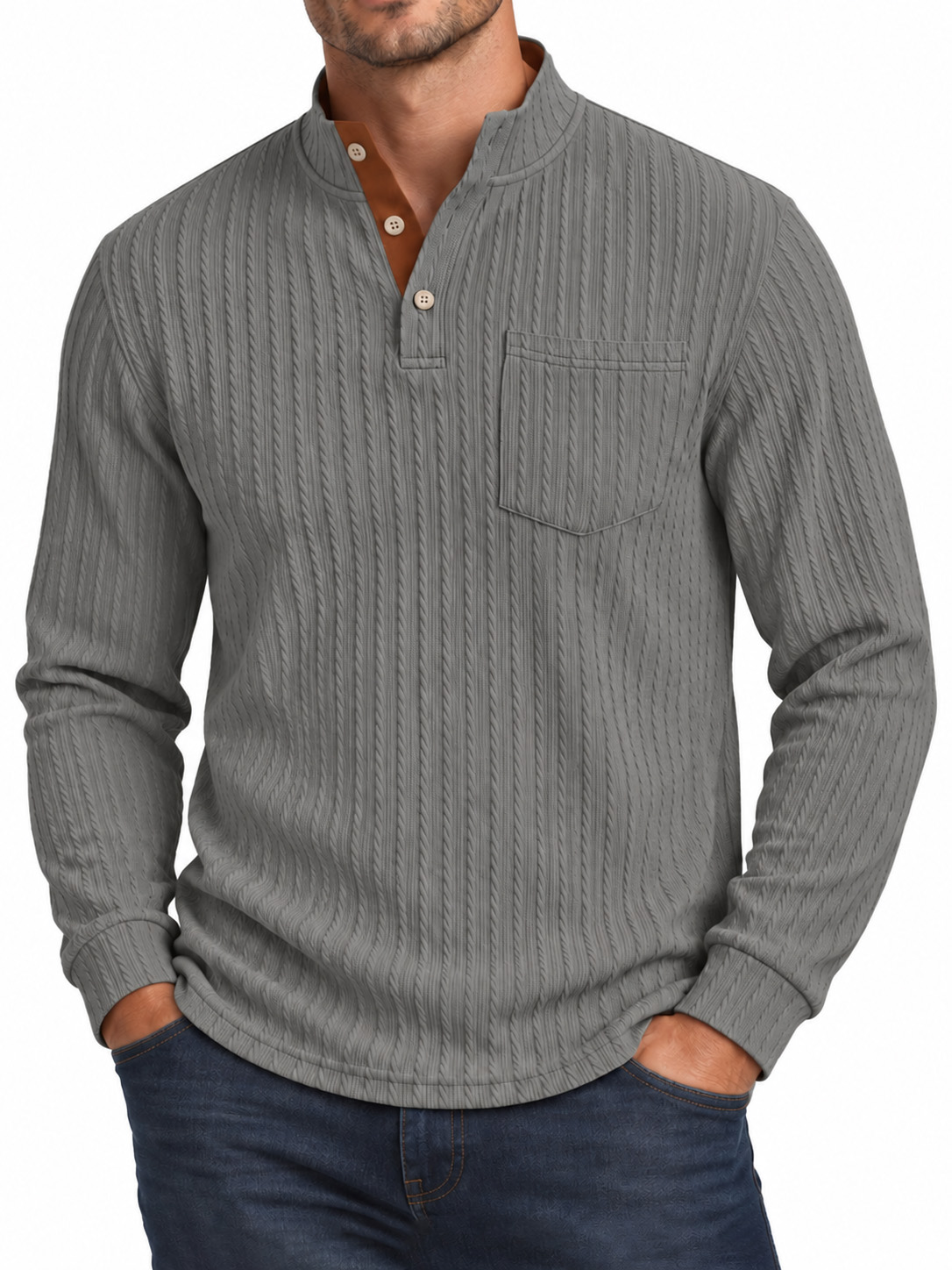 Men's American-Style Textured Jacquard Henley Top