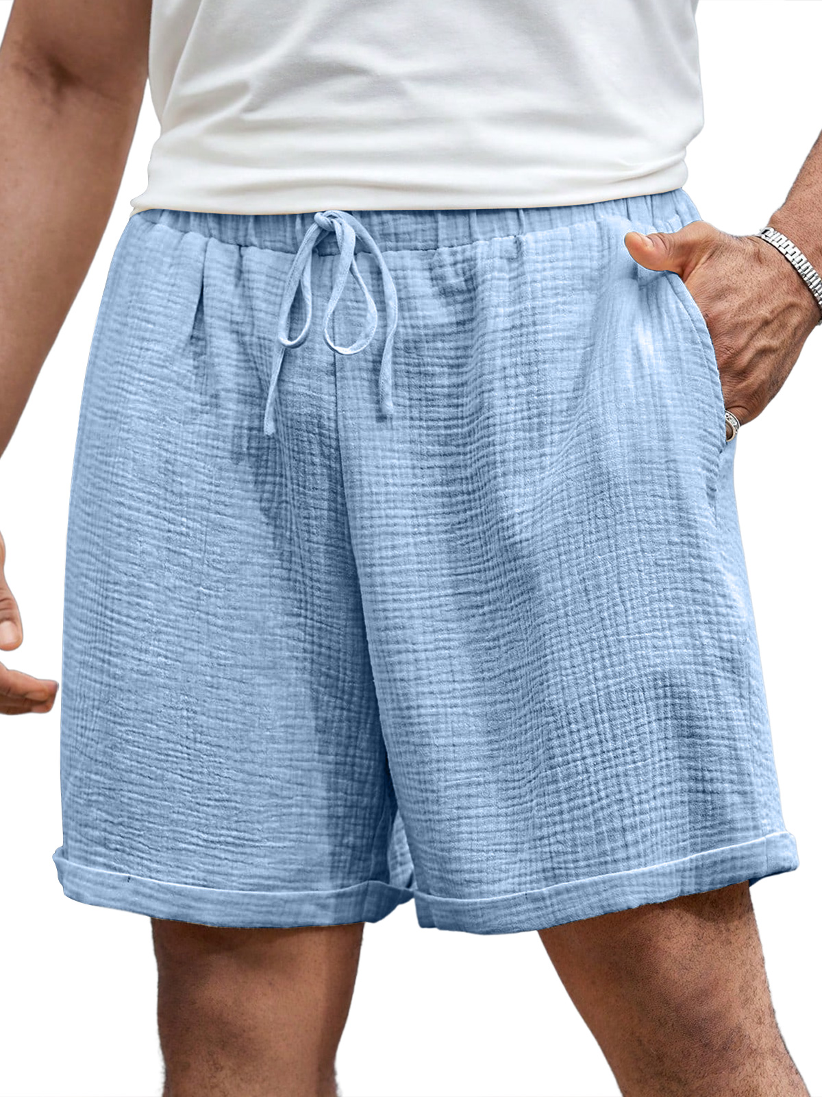 Men's Casual Pleated Elastic Waist Comfort Solid Color Shorts