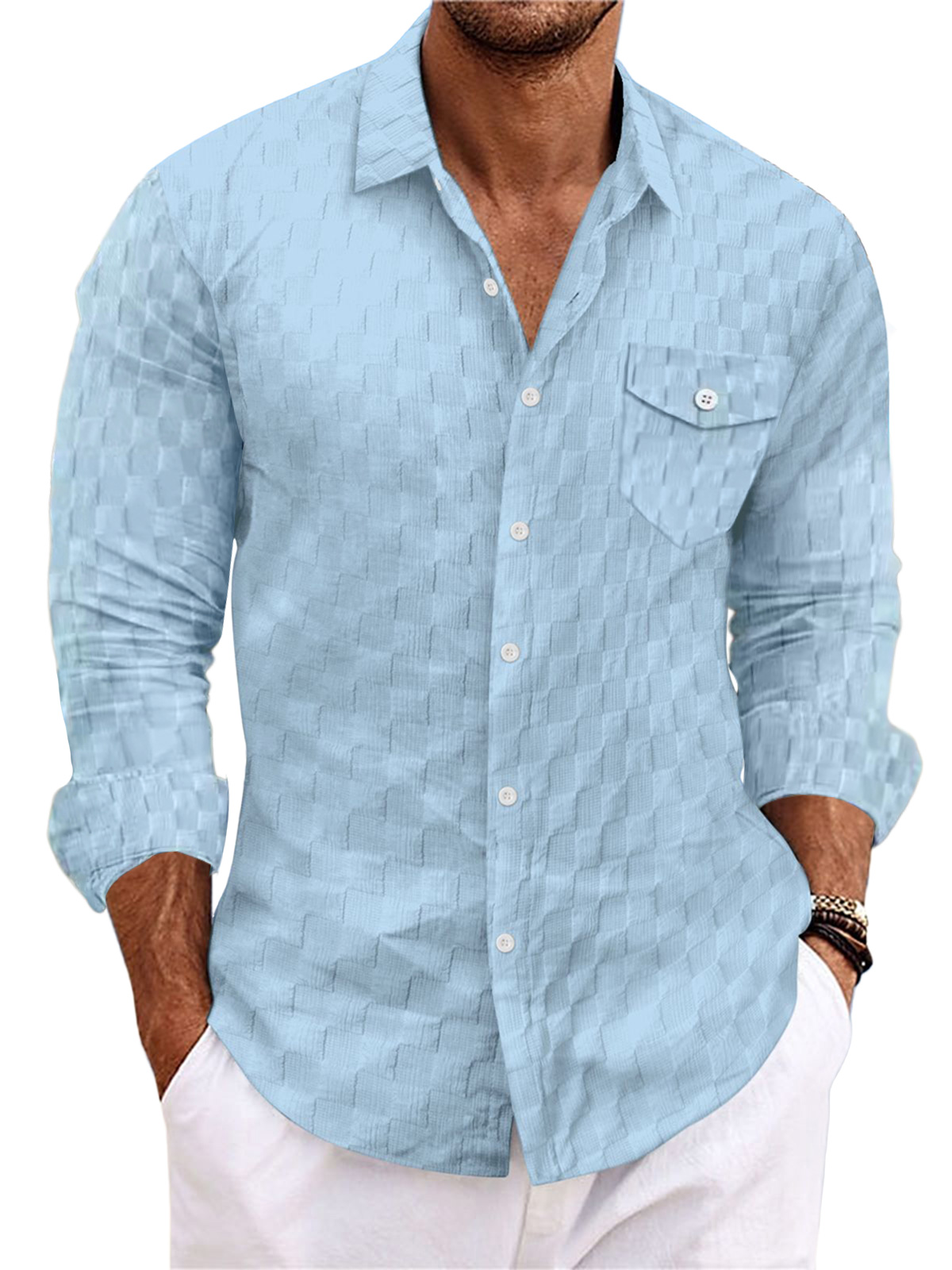 Men's Casual Plaid Jacquard Solid Color Pocket Long Sleeve Shirt