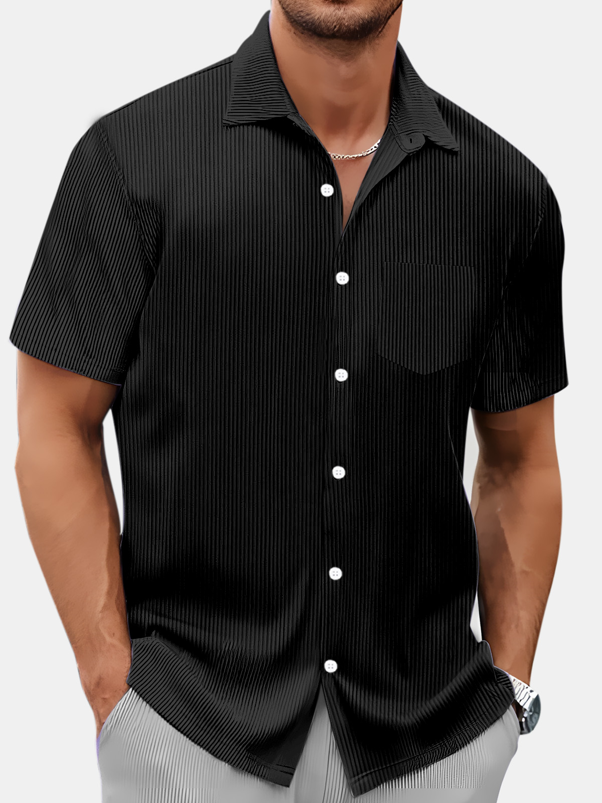 Men's Summer Simple Vertical Stripe Solid Color Comfortable Short-sleeved Shirt