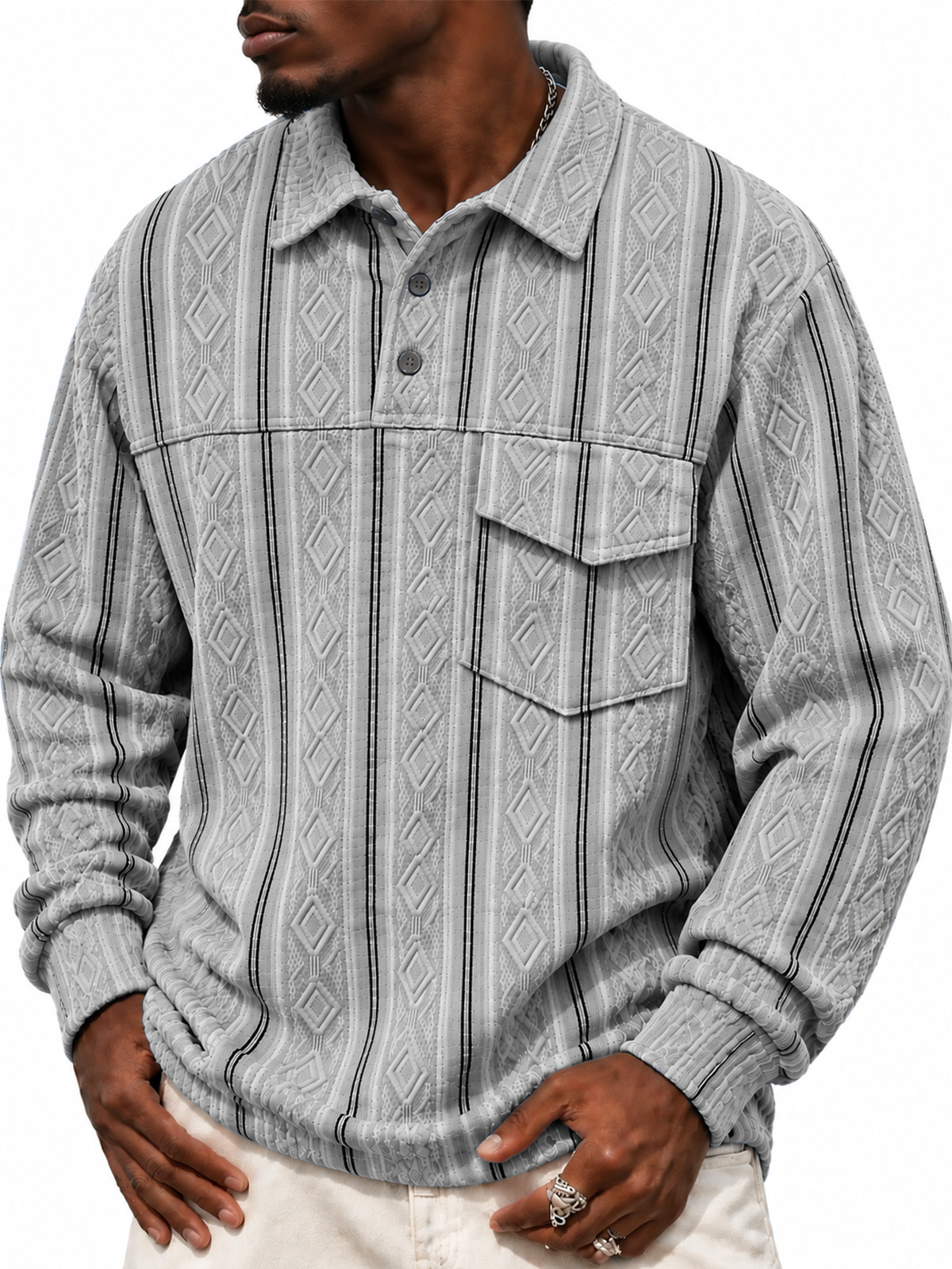 Men's Casual Jacquard Long-Sleeve Polo Shirt