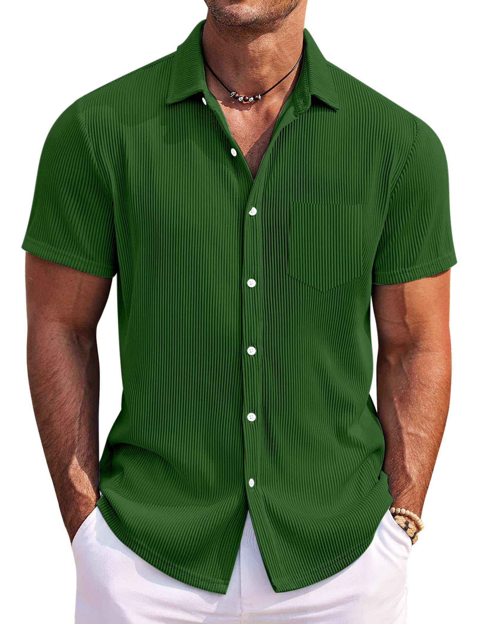 Men's Solid Color Loose And Comfortable Vertical Striped Short-sleeved Shirt