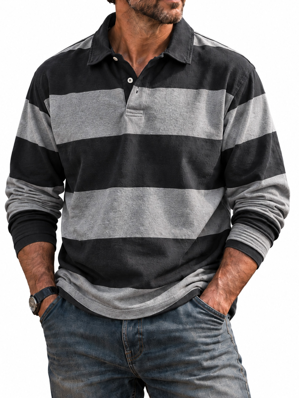 Men's Vintage Stripe Long Sleeve Polo Shirt