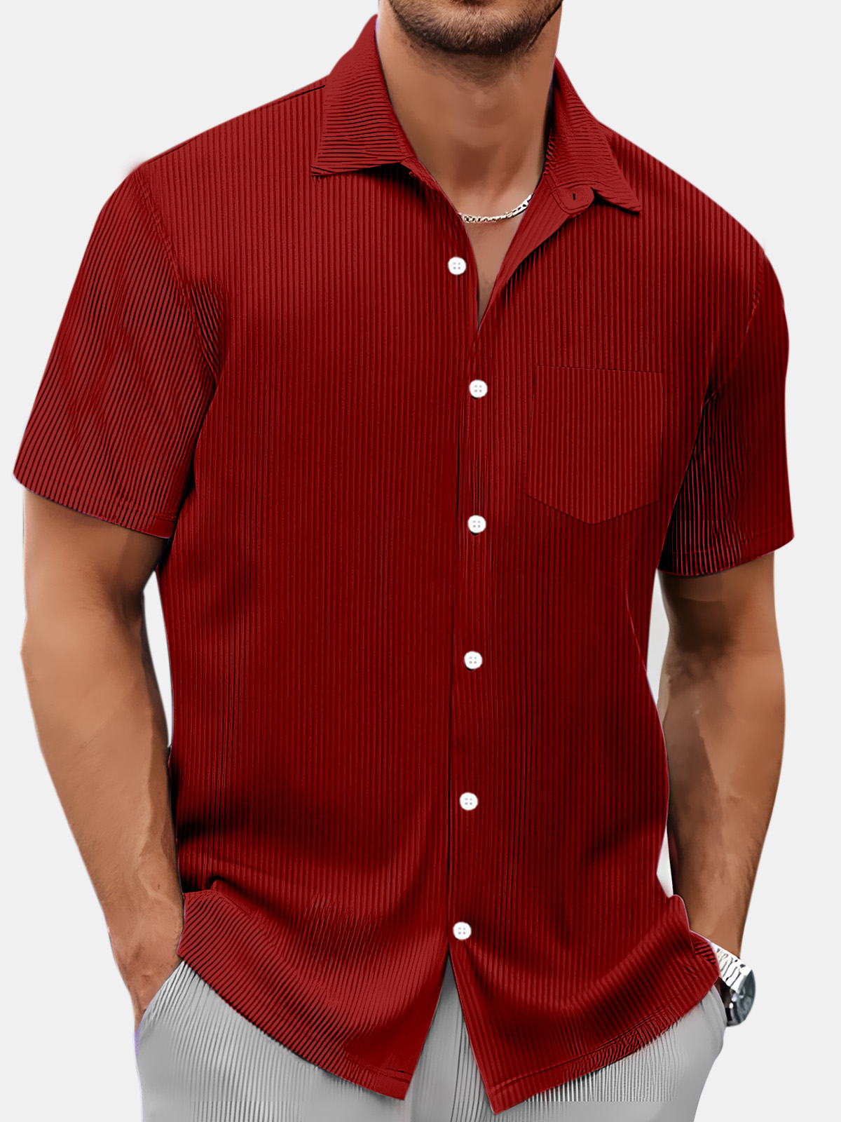 Men's Summer Simple Vertical Stripe Solid Color Comfortable Short-sleeved Shirt