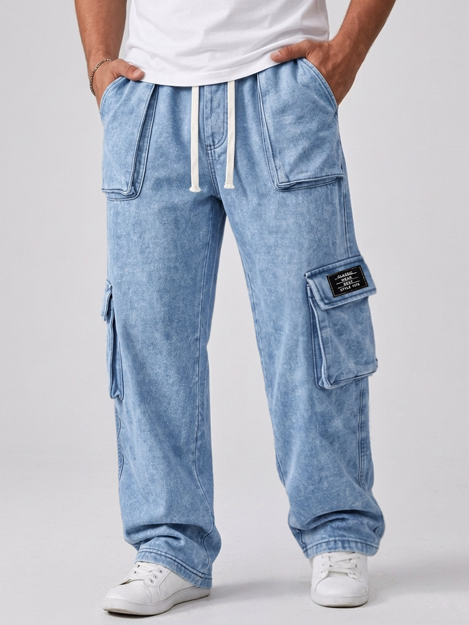 Men's Casual Retro Multi-Pocket Embroidered Logo Cargo Pants