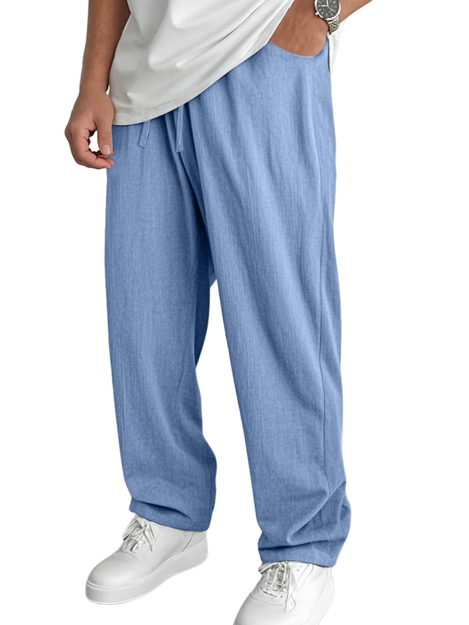 Men's Summer Daily Cotton And Linen Elastic Waist Casual Solid Color Comfortable Trousers