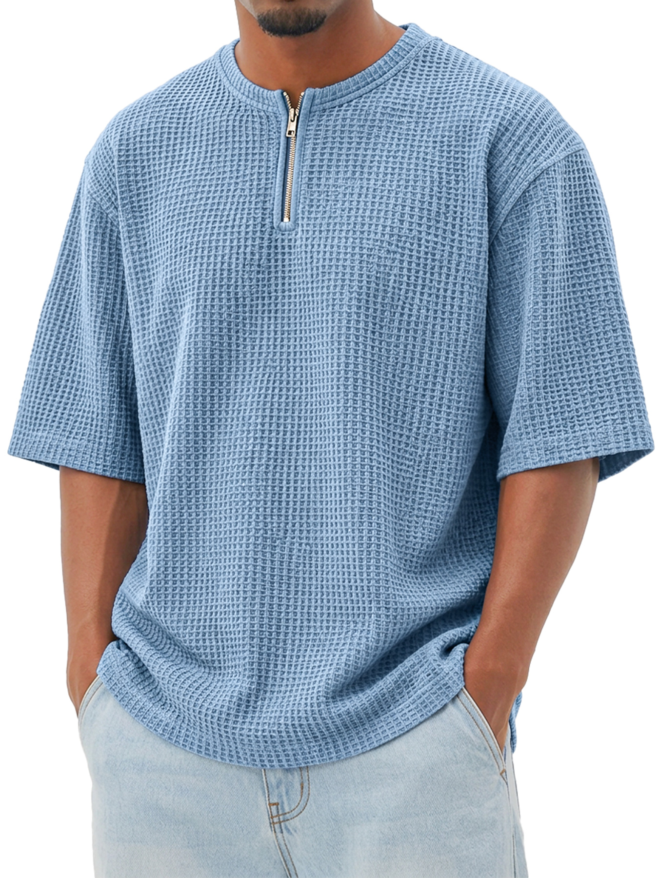 Men's Waffle-Knit Crew-Neck Short-Sleeve T-Shirt with Zipper Detail
