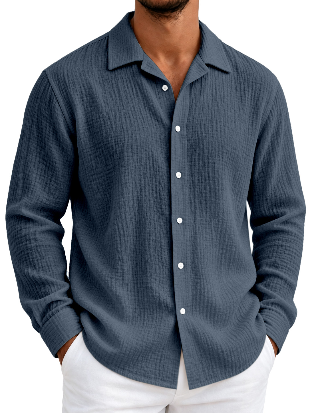 Men's Lightweight Textured Seersucker Long-Sleeve Shirt