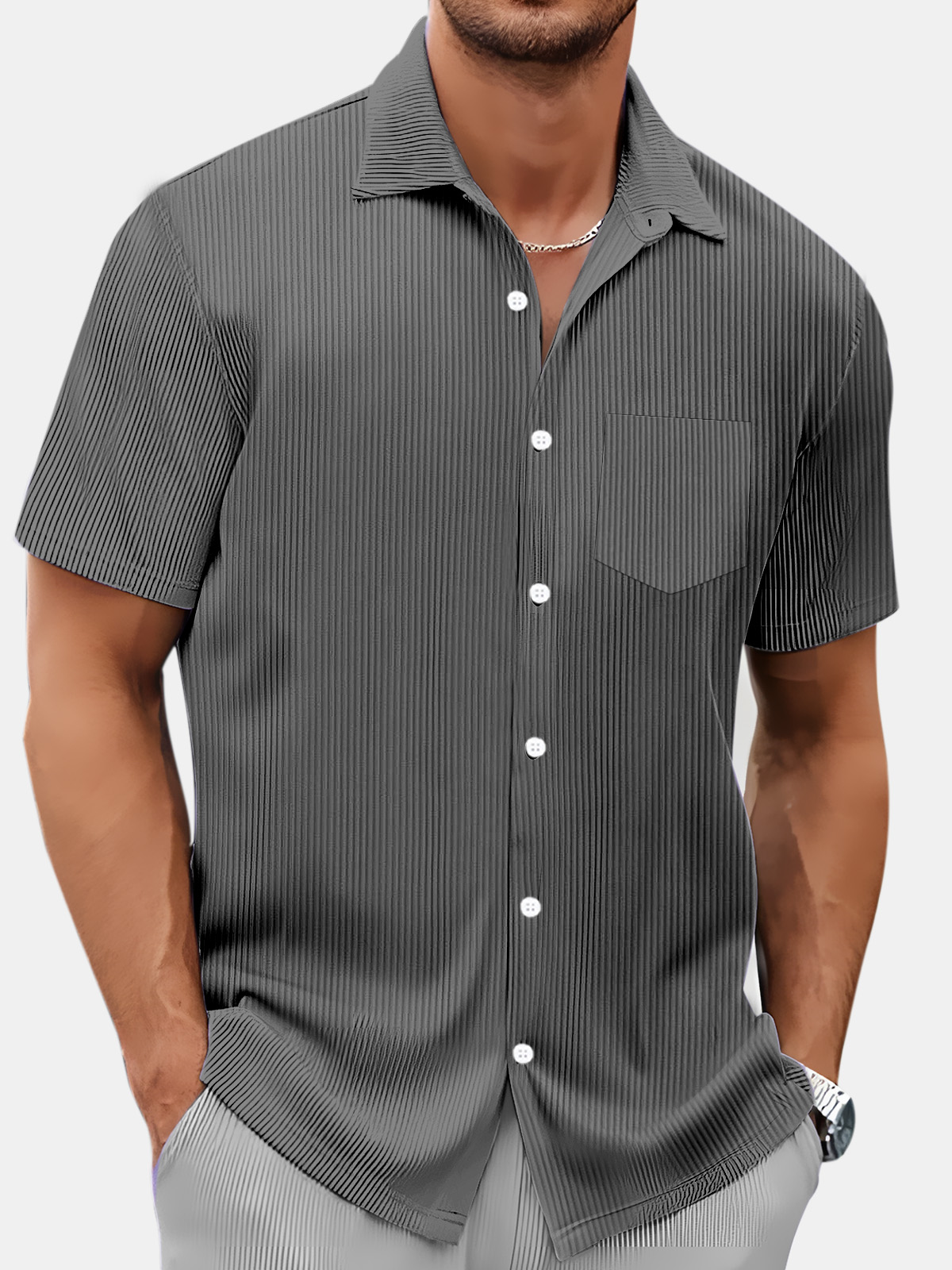 Men's Summer Simple Vertical Stripe Solid Color Comfortable Short-sleeved Shirt