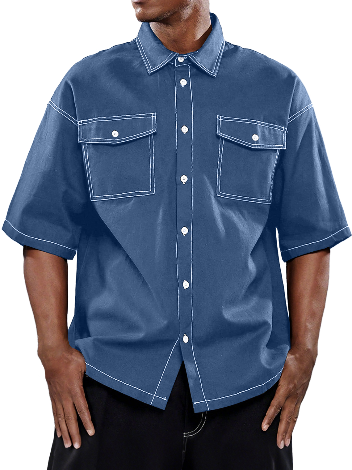 Men's Retro Workwear Double Pocket Casual Solid Color Short Sleeve Shirt