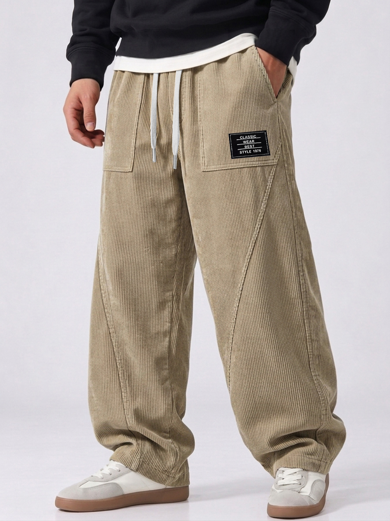 Men's Corduroy Deconstructed Casual Trousers with Patch Pockets and Curved Seam Detail