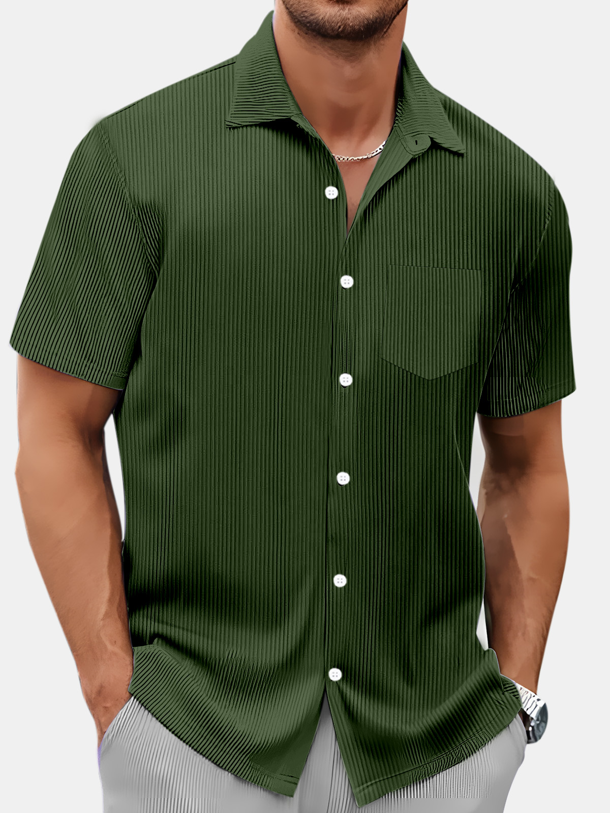 Men's Summer Simple Vertical Stripe Solid Color Comfortable Short-sleeved Shirt