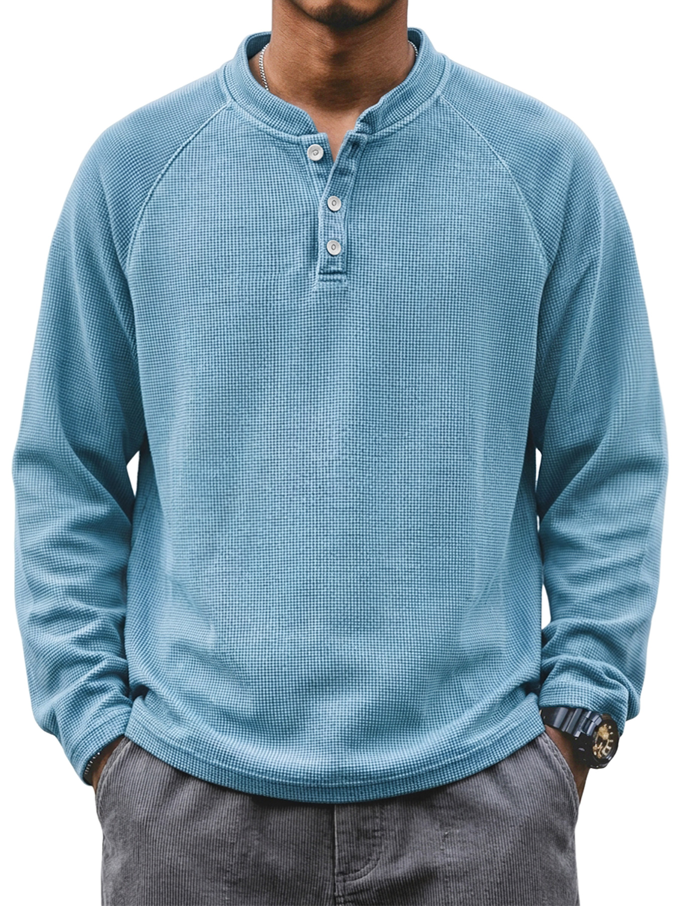 Men's Waffle-Knit Casual Long-Sleeve Henley Shirt with Stand Collar and Button Placket