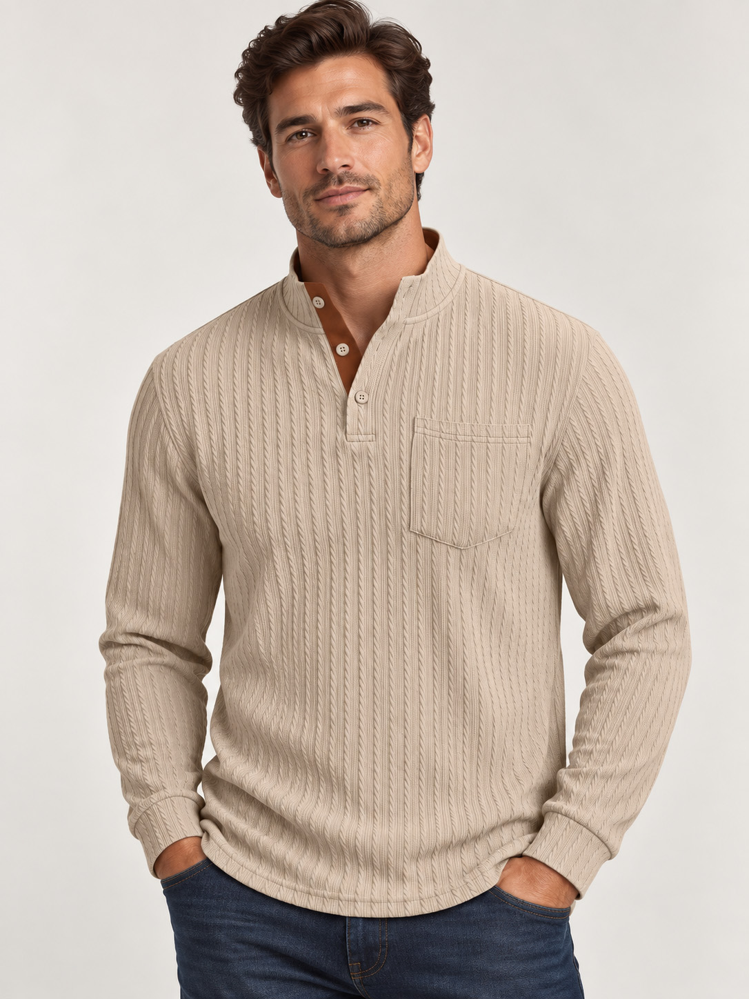 Men's American-Style Textured Jacquard Henley Top