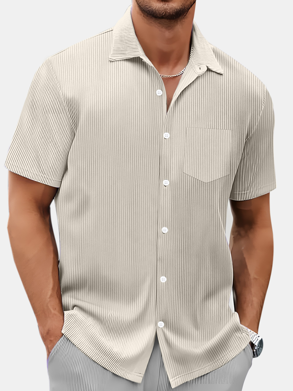 Men's Summer Simple Vertical Stripe Solid Color Comfortable Short-sleeved Shirt