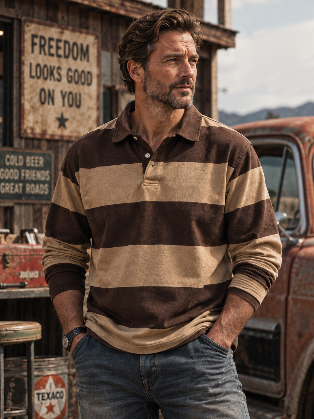 Men's Vintage Stripe Long Sleeve Polo Shirt