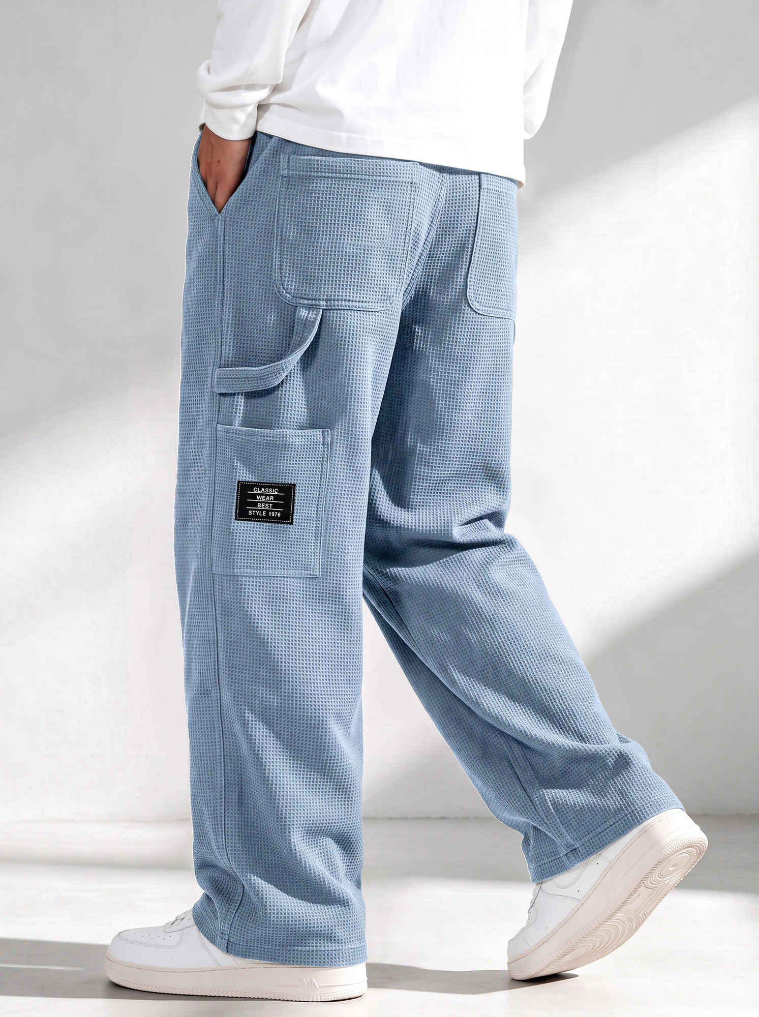 Men's Waffle-Knit Casual Cargo Pants with Multi-Pockets and Embroidered Logo