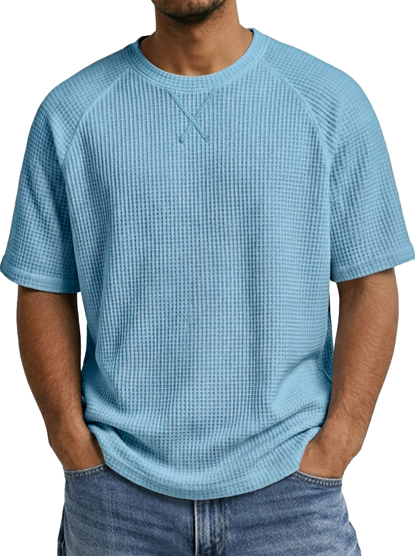 Men's Crew Neck Raglan Waffle Crossover Design Casual Short-Sleeve T-Shirt