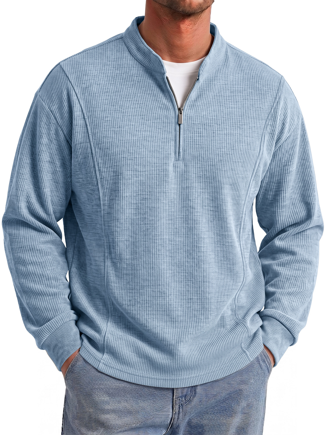 Men's Autumn Ribbed Stand-Collar Zip-Front Casual Long-Sleeve T-Shirt