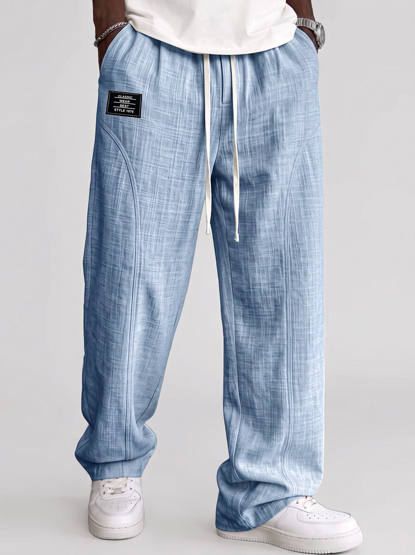 Men's Comfortable Cotton-Linen Casual Trousers with Deconstructed Design and Embroidered Logo