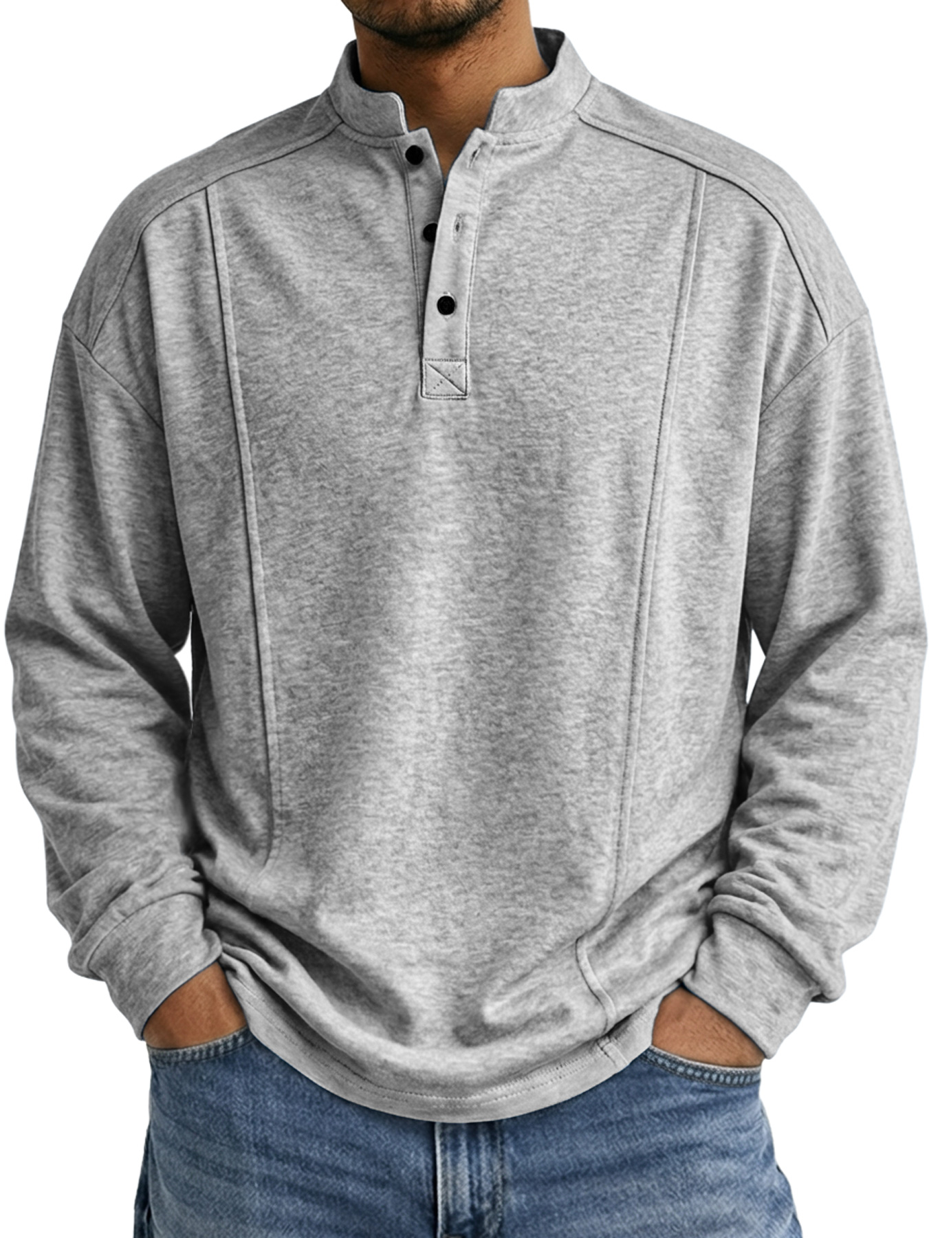 Men's Stand-up Collar Button-down Design Casual Long-sleeved Henley Shirt