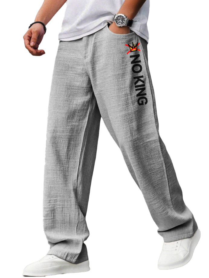 "no King" Letter-printed Casual Linen Fabric Loose Pocket Pants