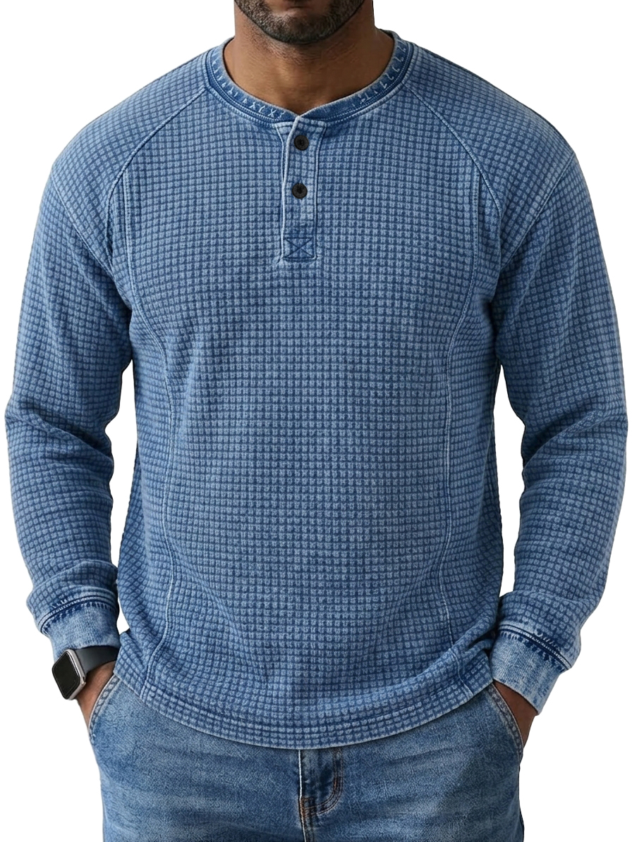 Men's Vintage Washed Distressed Waffle Knit Long-Sleeve Henley Shirt