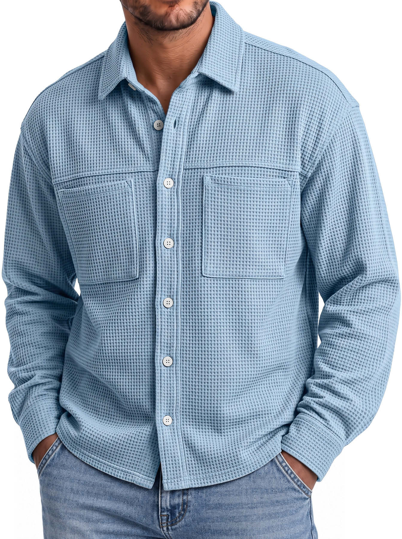 Men's Autumn Casual Long-Sleeve Waffle-Knit Shirt with Dual Pockets