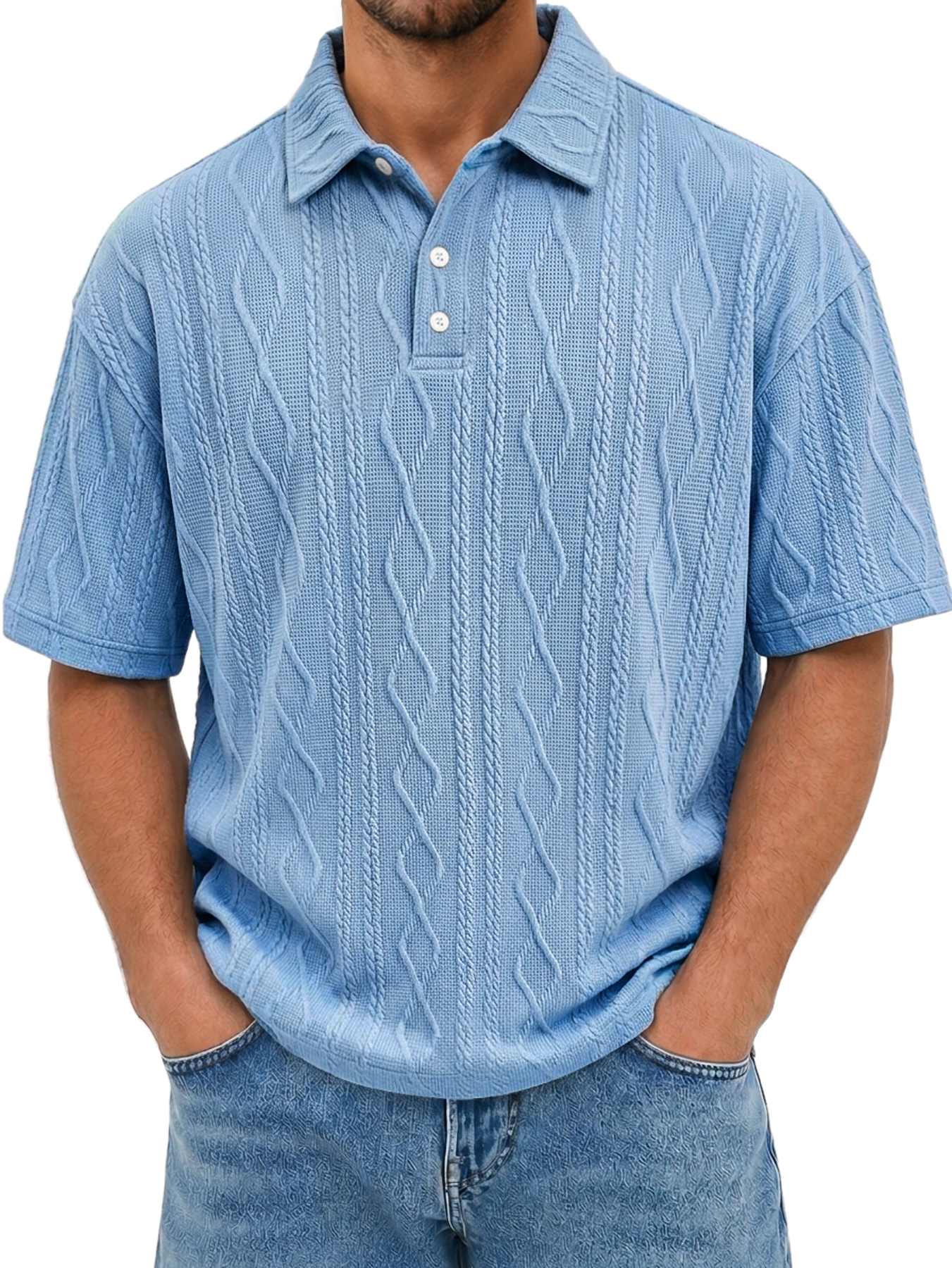 Men's Short-Sleeve Jacquard-Texture Polo Shirt with Collar and Button Placket