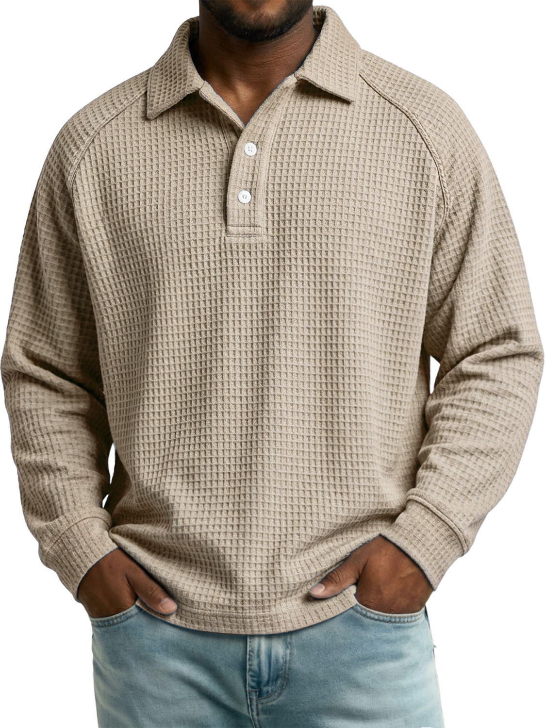 Men's Autumn Casual Waffle-Knit Long-Sleeve Polo Shirt with Raglan Sleeves