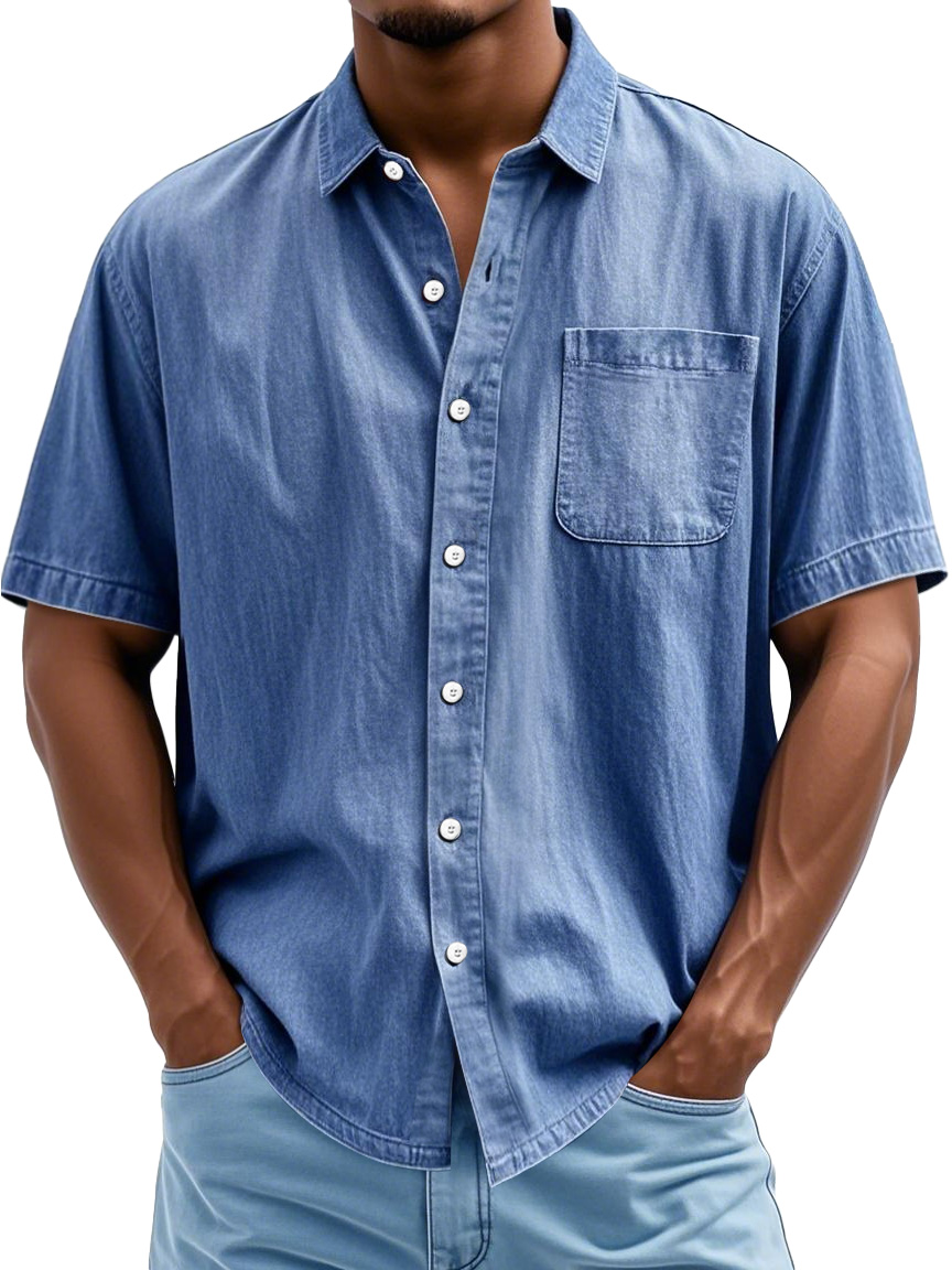 Men's Fashion Casual Lapel Pocket Solid Color Short Shirt