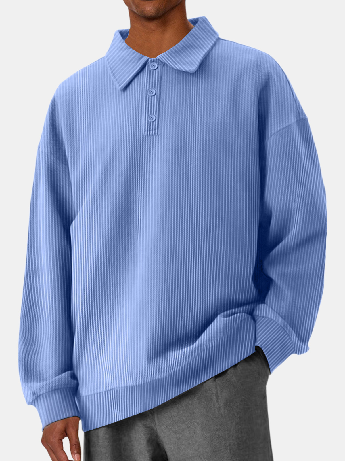 Men's Casual Pit Lapel Button Solid Color Comfortable Polo Sweatshirt