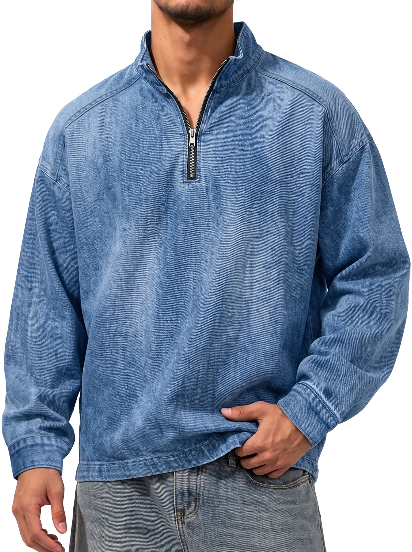 Men's Vintage Denim-Style Stand-Collar Zip-Front Casual T-Shirt
