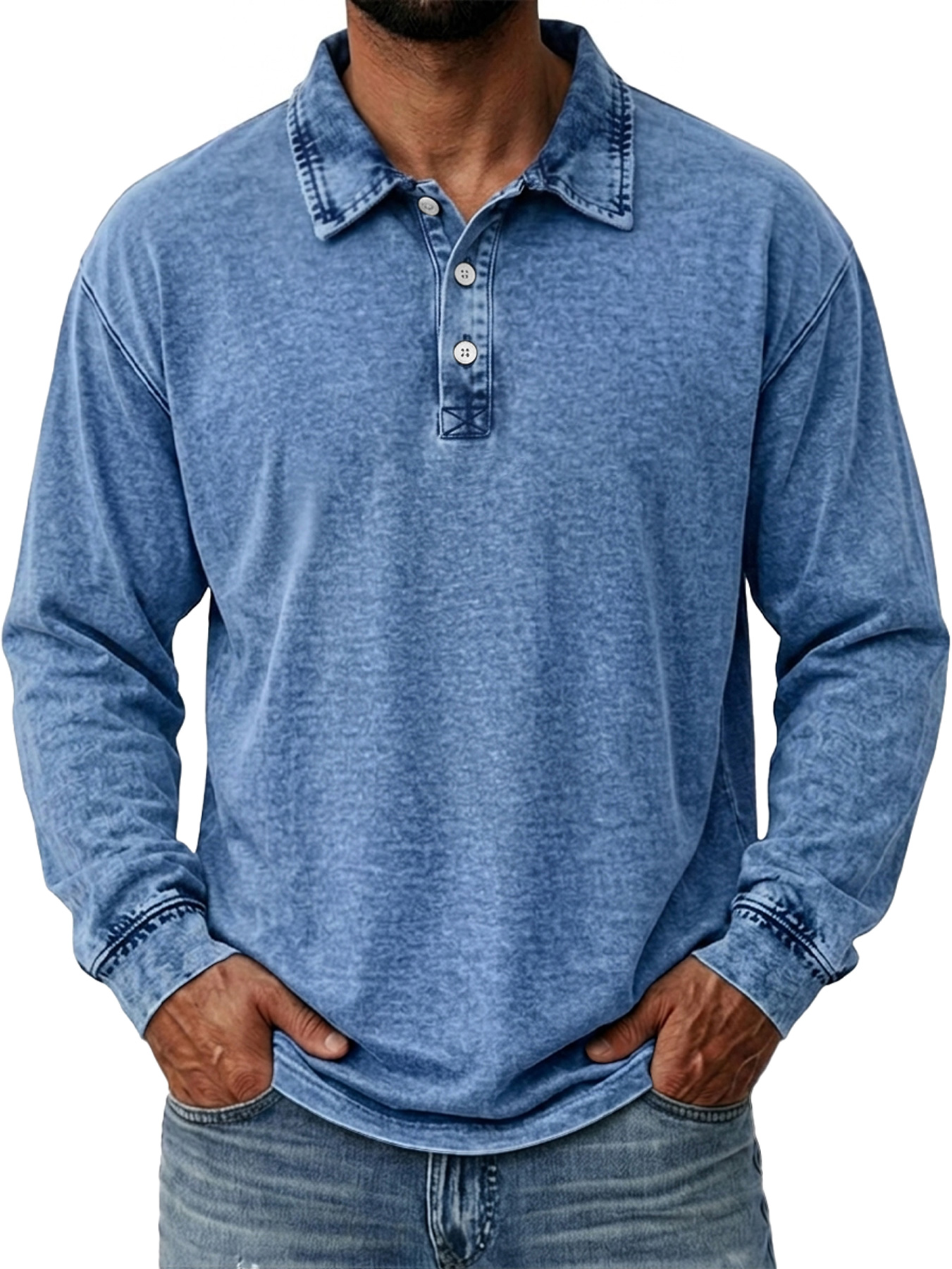 Men's Vintage Washed Cotton Long-Sleeve Polo Shirt with Collar and Button Placket