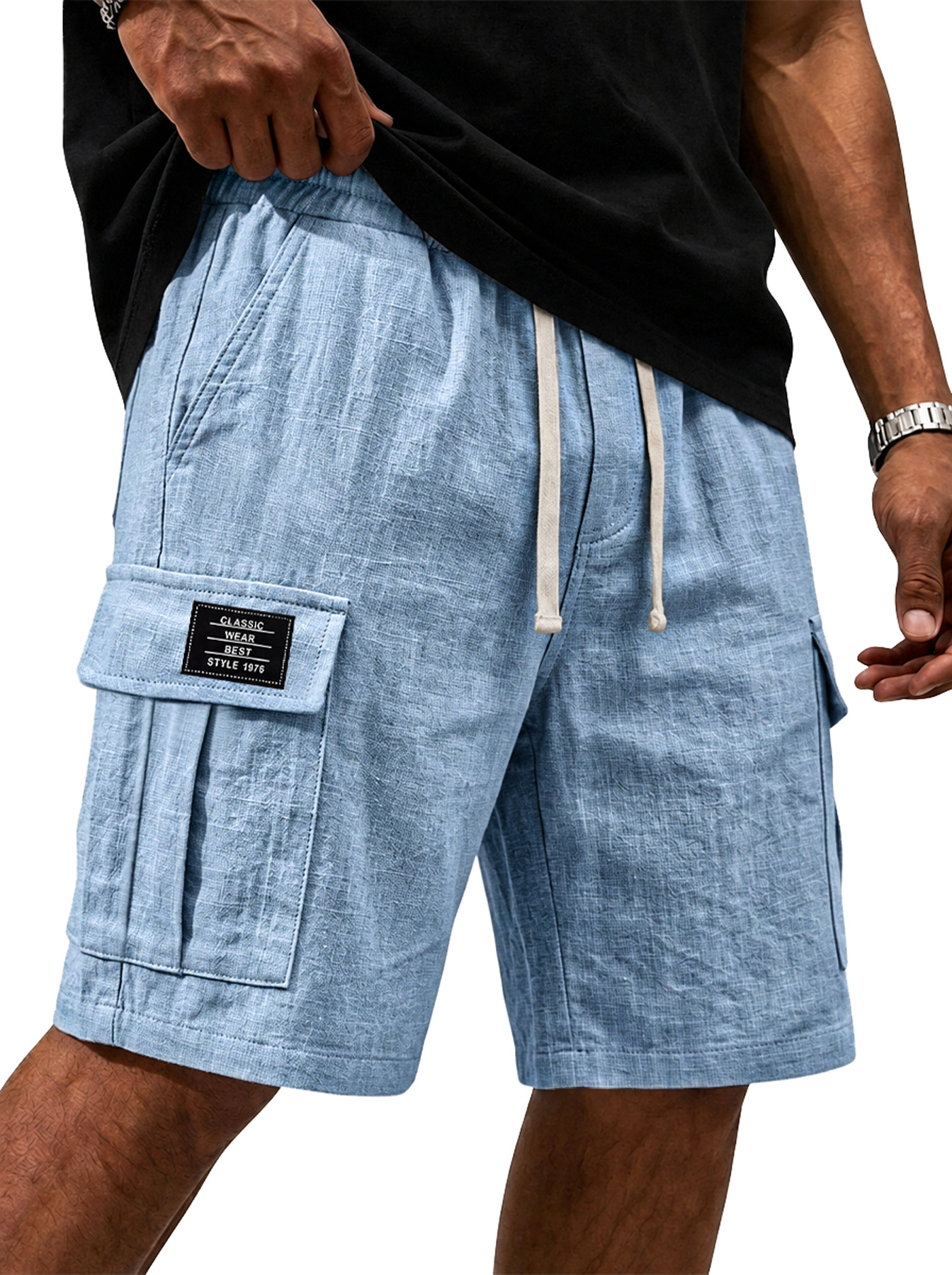 Men's Cotton Linen Embroidered Logo Casual Comfortable Shorts