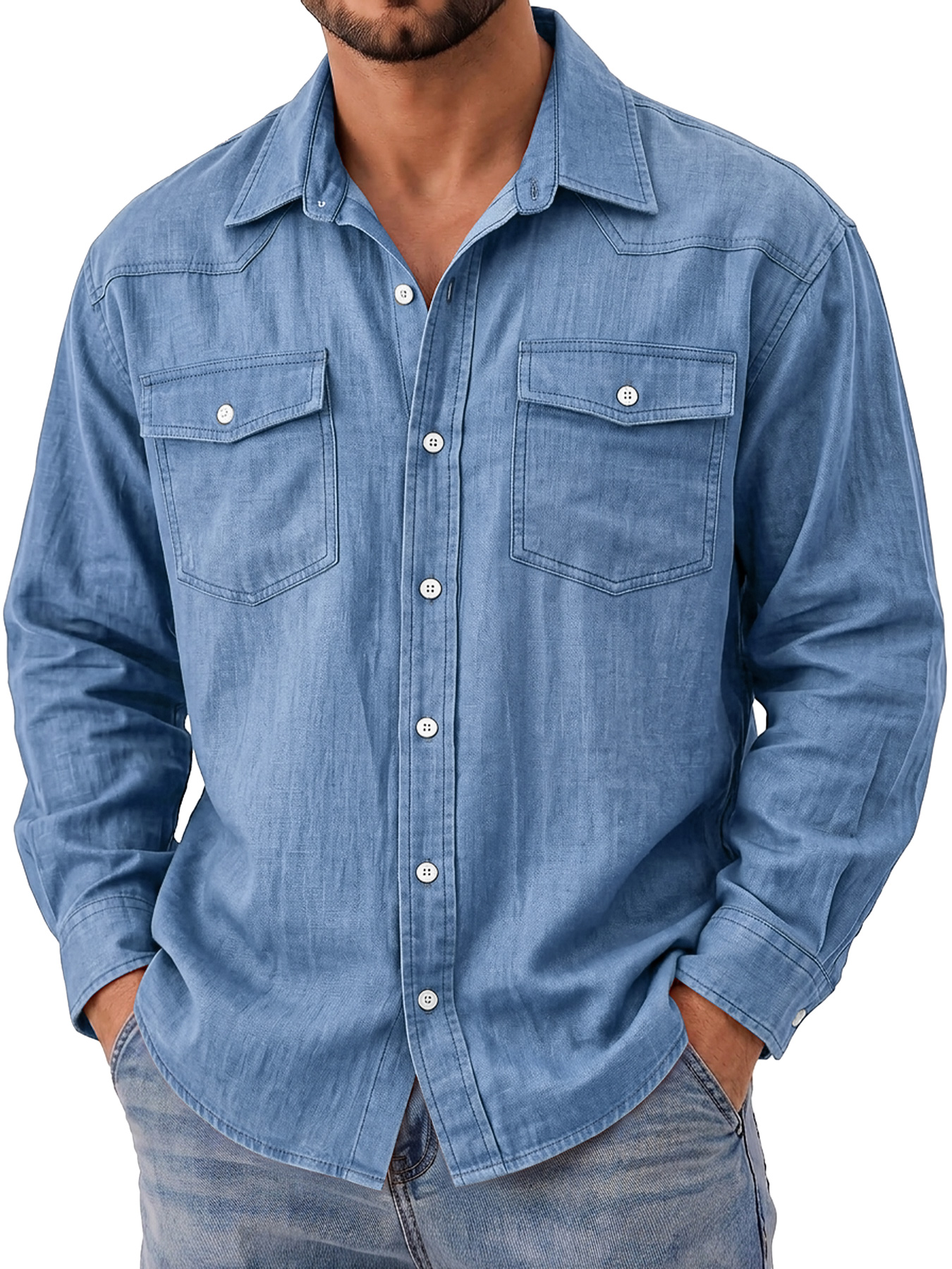 Men's Autumn Casual Long-Sleeve Shirt with Deconstructed Design and Dual Pockets