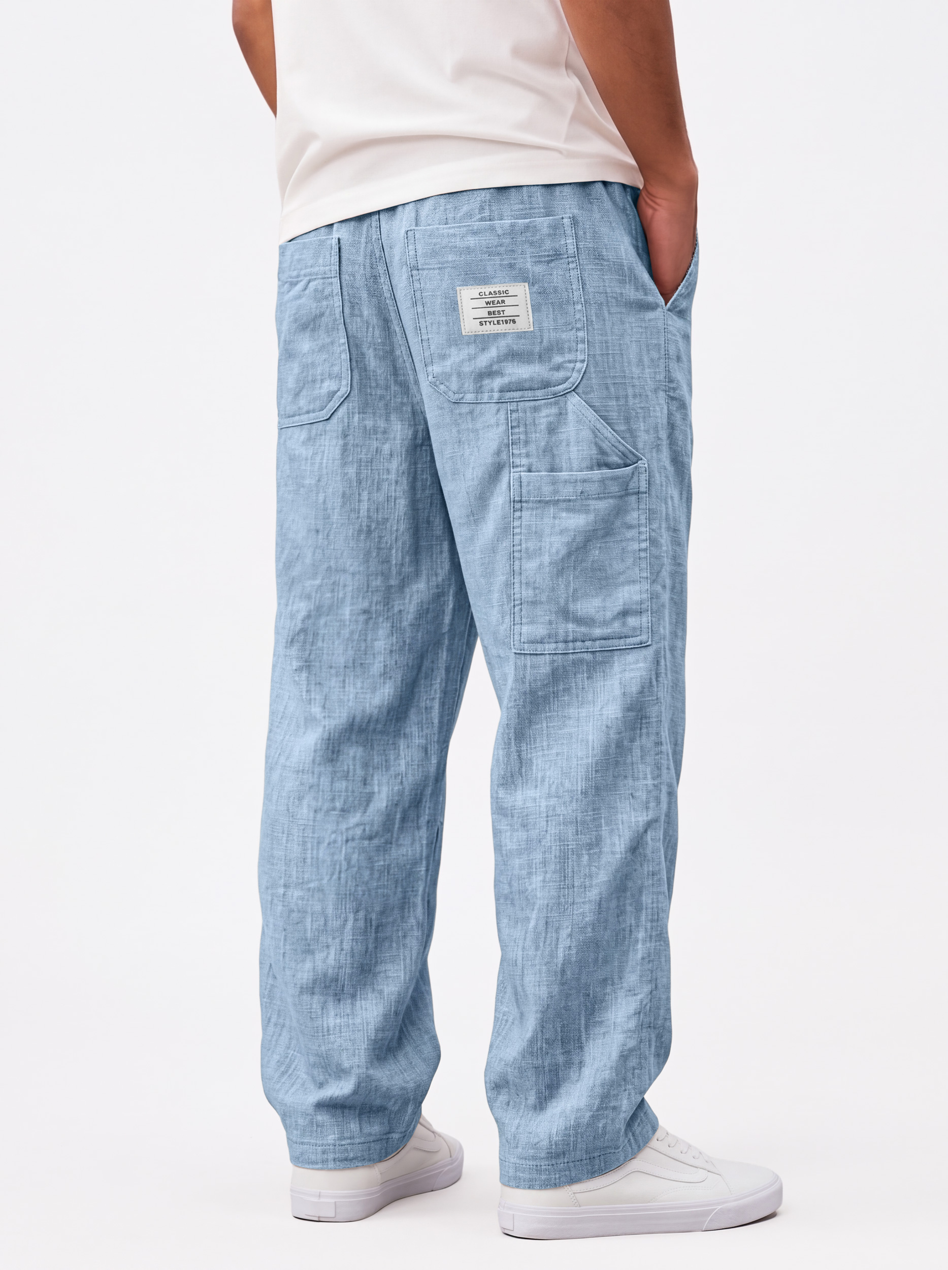 Men's Casual Linen Cargo Trousers with Embroidered Logo and Multiple Pockets