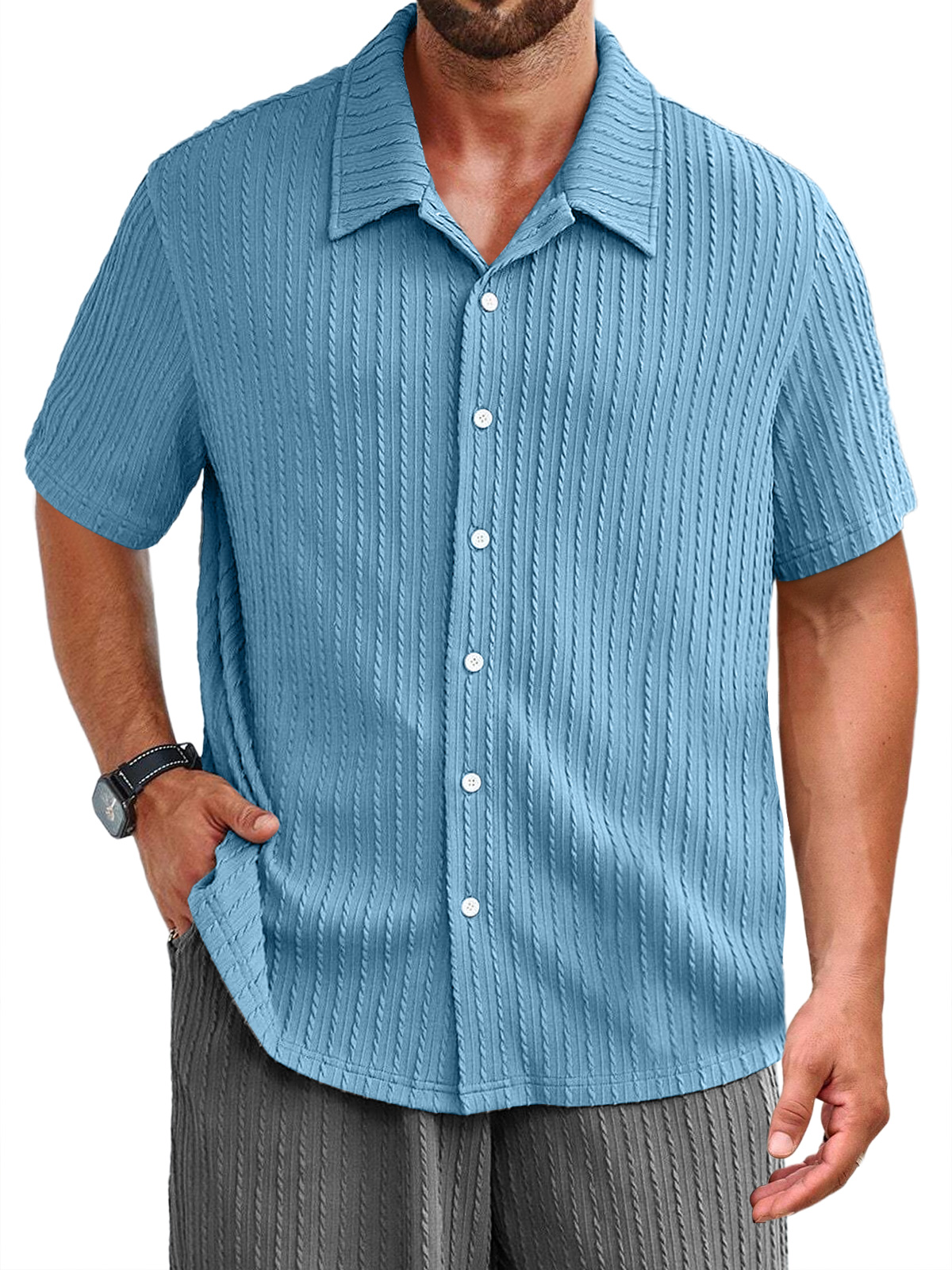 Men's Daily Jacquard Texture Casual Solid Color Short-sleeved Shirt