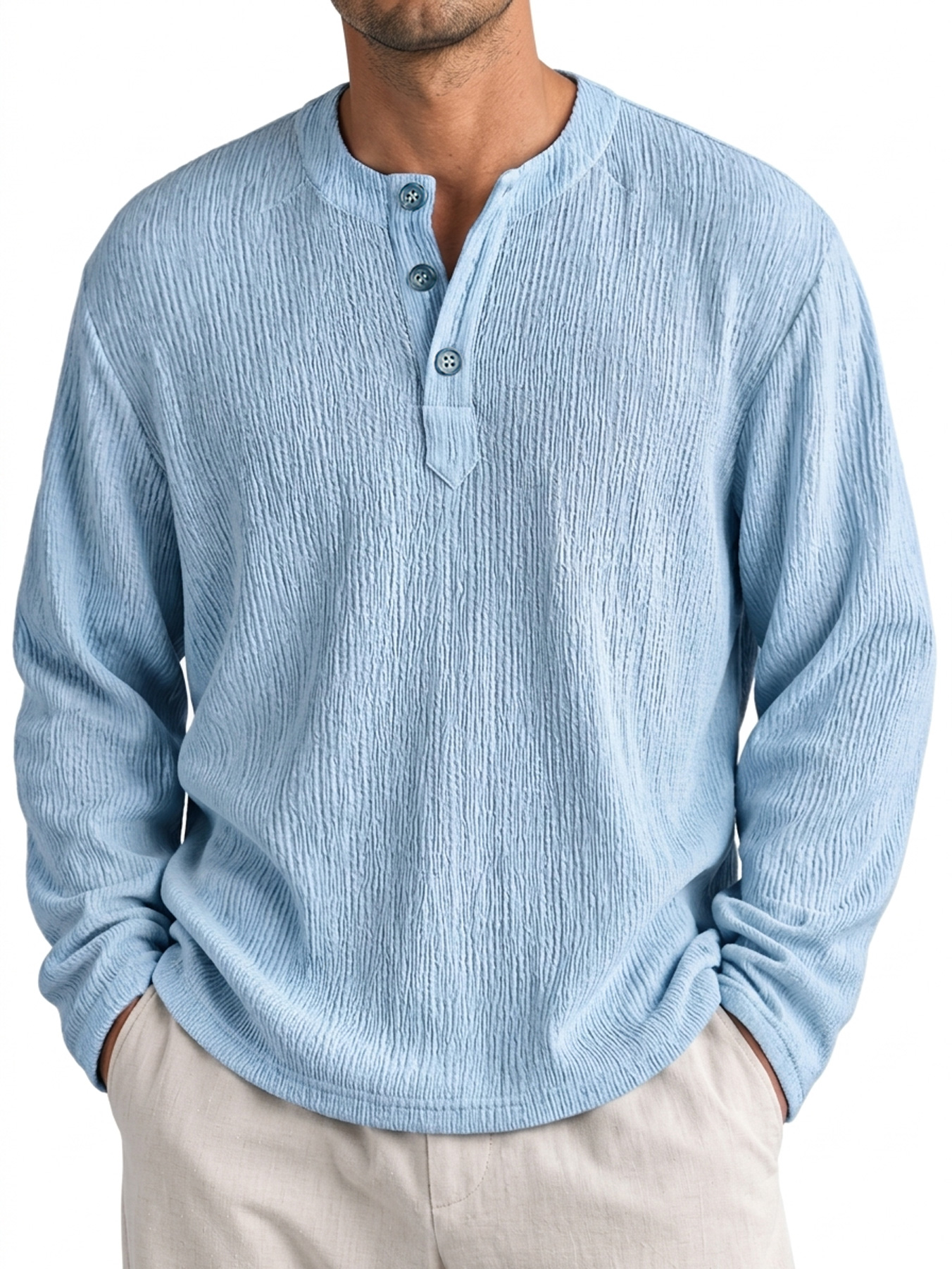 Men's Casual Textured Comfortable Long-Sleeve Henley Shirt