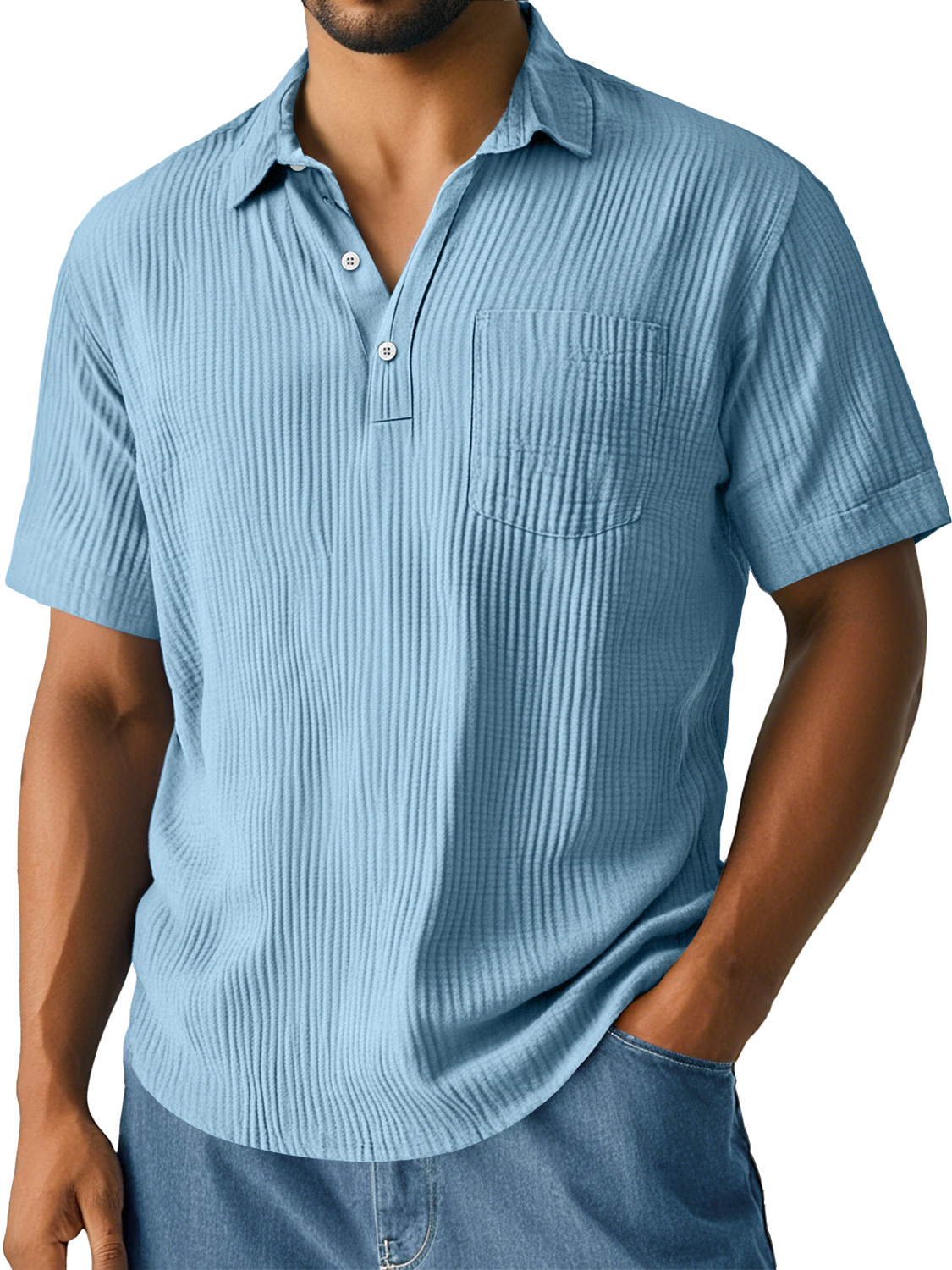 Men's Daily Pleated Texture Lapel Pocket Casual Short-sleeved Polo Shirt