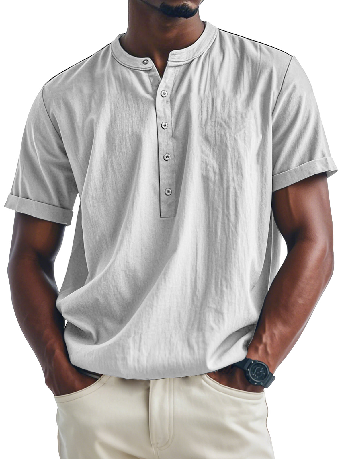 Men's Fashion Casual Stand Collar Multi-Button Short Sleeve Henley Shirt