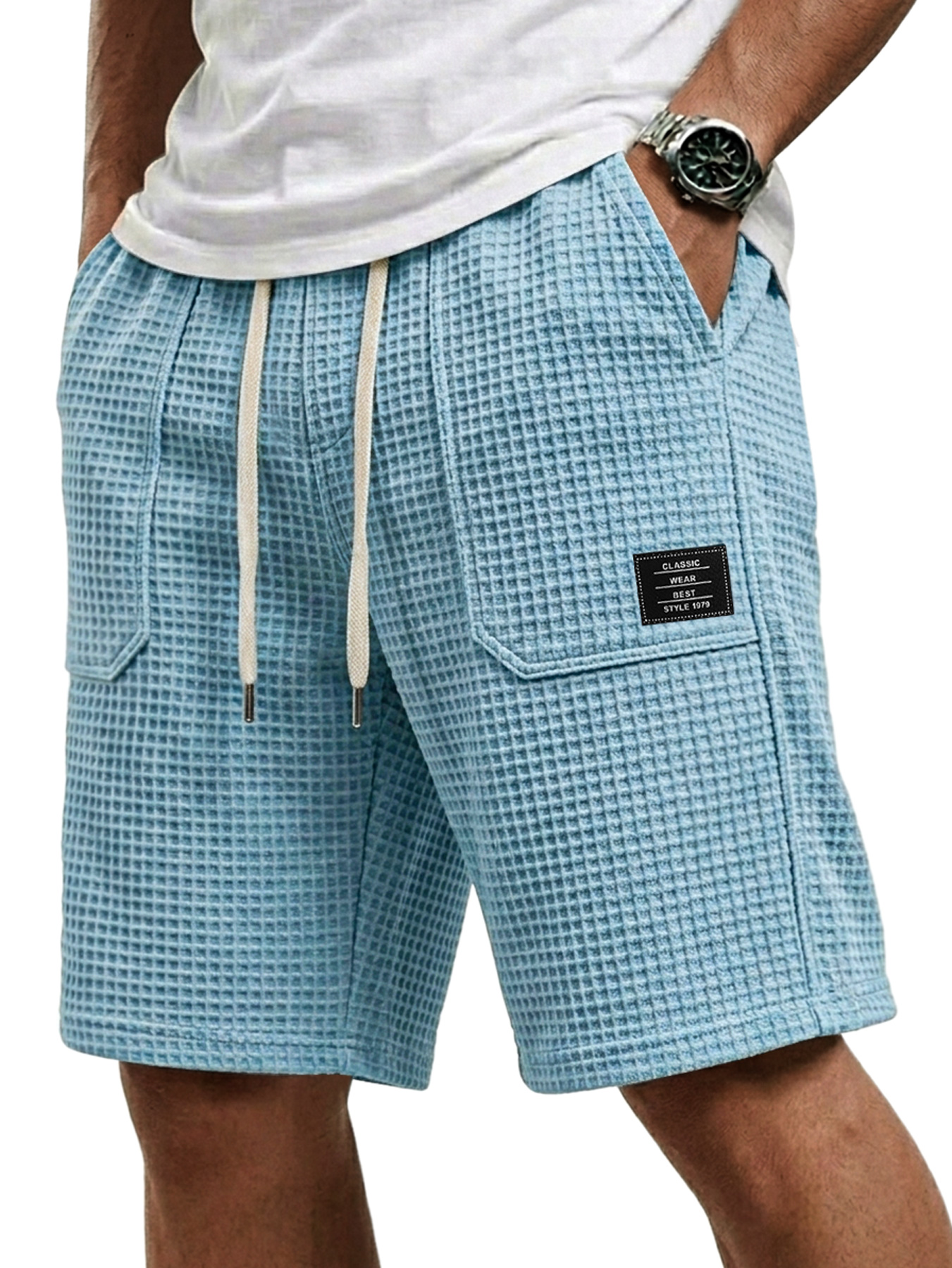 Men's Waffle Patch Pocket Embroidered Logo Casual Shorts